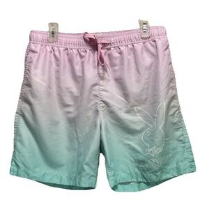 Playboy Pink/Green Swim Shorts Mens Size L Mesh‎ Liner Elastic/Tie Waist Bunny